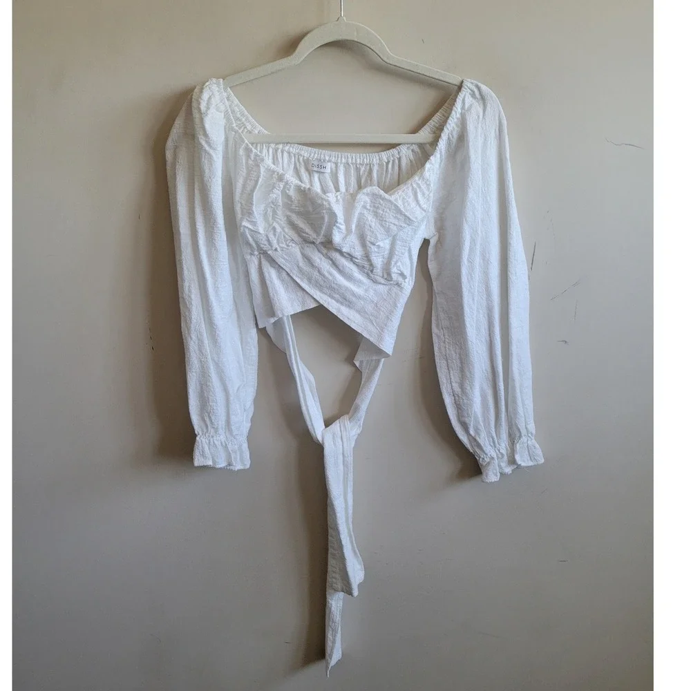 DISSH White Cotton Wrap Tie Back Crop Top Long Sleeve Off Shoulder Gauze Size 10
